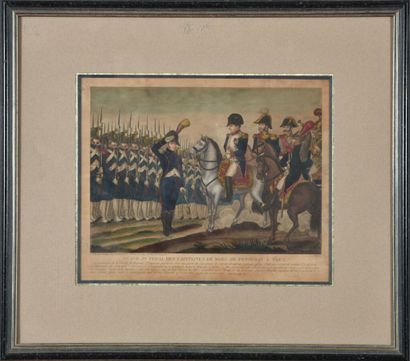 Gravure aquarellée figurant Napoléon à cheval...