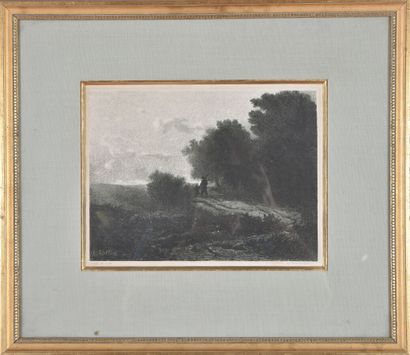 null Antoine VOLLON (1833-1900)
Paysage
Lithographie. Epreuve sur chine appliqué...