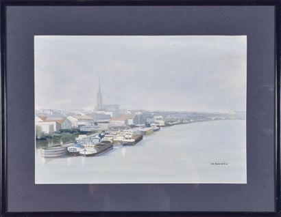 null Ch. BAUDEL (XXth).
View of the city from the river.
Watercolor and gouache on...