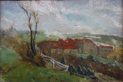null Shoenmer? (modern school of the 20th century). 
Landscape with a red roof, 1935.
Oil...
