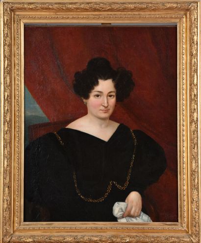 null Julie BAUDEUF, école française du XIXème siècle.
Portrait de femme en robe de...