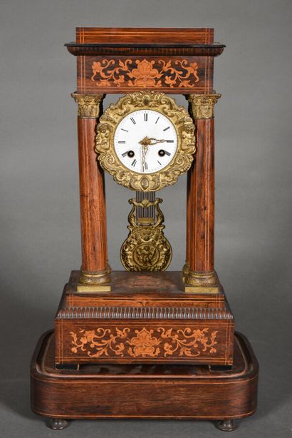 null Portico clock and base, in rosewood veneer and light wood marquetry, with four...