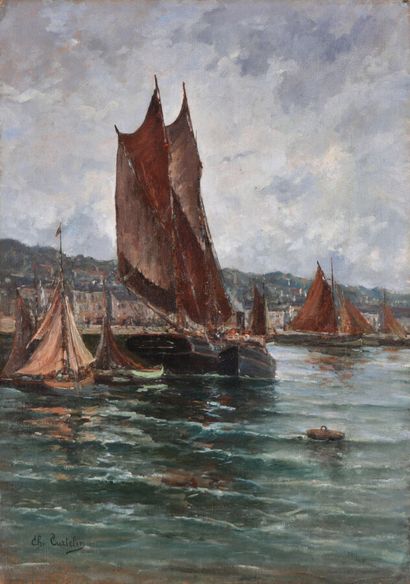 null Charles CURTELIN (1859-1912).
Les bateaux toutes voiles dehors au port. 
Huile...