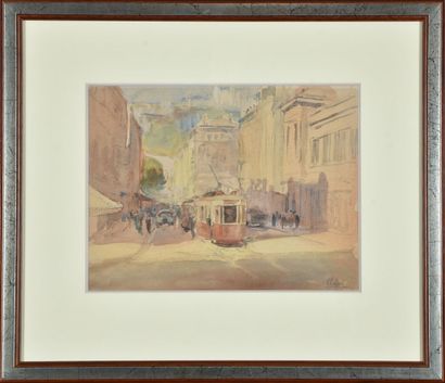 null Robert ROLLAND (1905- ?).
A Lyon, rue animée avec un tramway.
Aquarelle sur...