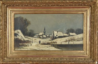 null R.T. STUART (XIXème siècle).
Village sous la neige.
Huile sur toile.
Signé en...