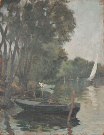 null Jean Louis Marcel COSSON (1878-1956).
Barque sur la rive.
Huile sur panneau.
Signé...