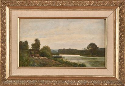 null Foreign school of the 19th century.
Landscape with a river and a flock of sheep,...