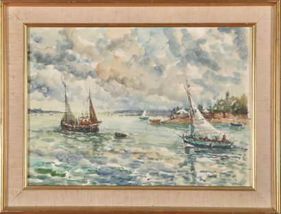 null Robert L.P. LAVOINE (1916-1999).
Sailboats leaving the harbor at Conleau in...