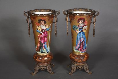 null Pair of ceramic vases with polychrome "Troubadour" decoration representing an...