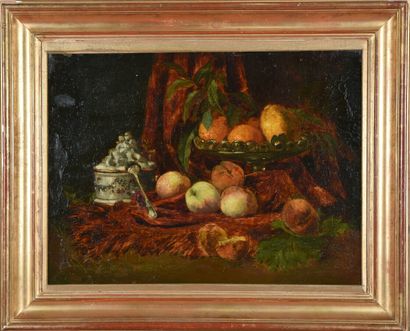 null French school of the end of the 19th century.
Still life with fruits and a candy...