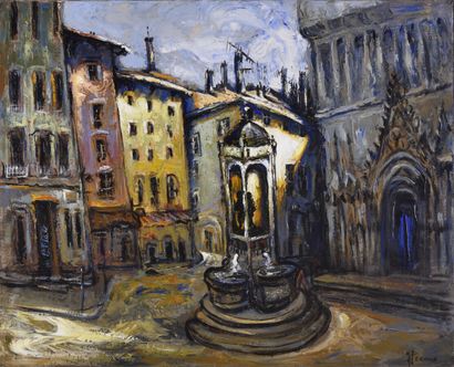 null Gilbert PECOUD (Born in 1951).
Place Saint-Jean in Lyon.
Oil on canvas.
Signed...