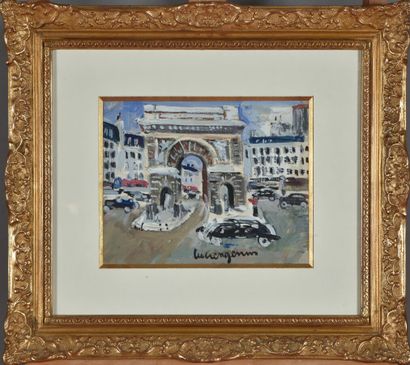 null Lucien GENIN (1894-1953).
Porte Saint-Martin à Paris.
Gouache sur papier.
Signé...