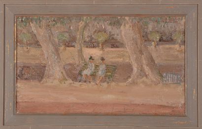 null René HAMIOT (1912-1975).
Personnages sur un banc public.
Huile sur toile.
Porte...