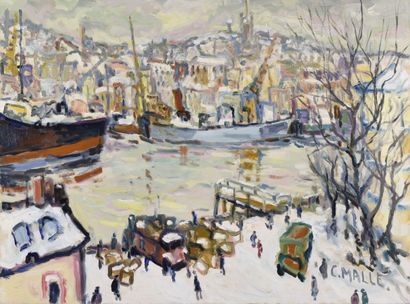 null Charles Malle (né en 1935).
Port de Fécamp, par temps de neige.
Huile sur toile.
Signé...