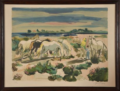 null Yves BRAYER (1907-1990).
Horses in the Camargue.
Lithograph in colors on paper.
Signed...
