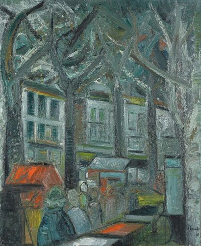 null Jacques LESCOULIE (Born in 1935).
The Saint-Antoine market in Lyon, 1986.
Oil...