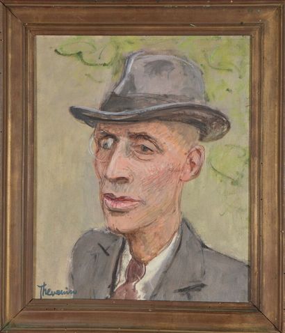 null Pierre THEVENIN (1905- 1950).
Portrait d'homme au monocle.
Huile sur panneau.
Signé...
