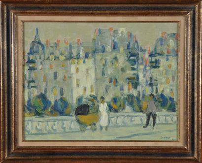 null André LAURAN (1922-2009).
Sur le pont d'Auteuil, 1955.
Huile sur toile.
Signé...