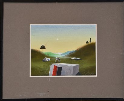 null BOUDU (XXth).
The calf and the blockhouses, 1980.
Gouache on paper.
Signed and...