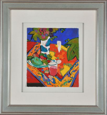 null Manel ANORO (Born in 1945).
Still life with fruits and flowers and a glass of...