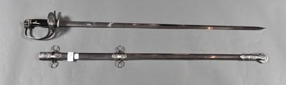 null Straight sword, Spanish eagle guard, blade engraved with foliage and "DER OBER..............",...