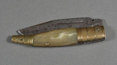 null Navaja, grey horn and brass with notched back, 4cms wide, folded length 18,...