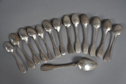 null Set of fourteen silver teaspoons, plain, filleted and foliate designs, some...
