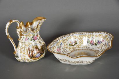 null Porcelain ewer and basin with polychrome and gold decoration of gallant scenes...