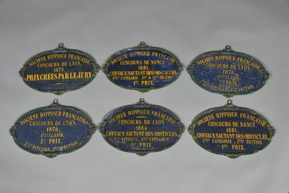 Six polychrome and gold plaques of French...