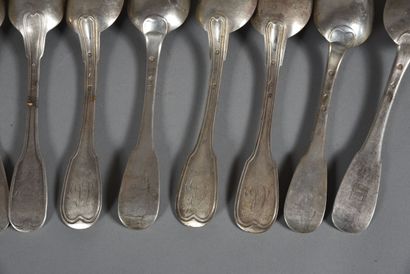 null Set of silver flatware, filets or uni-flat pattern, some figured, some embossed,...