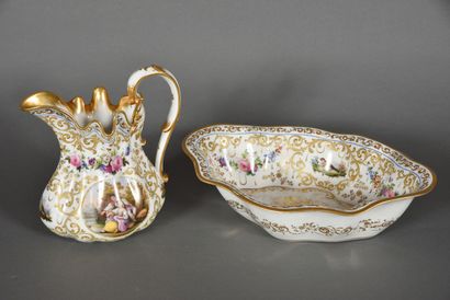 Porcelain ewer and basin with polychrome...