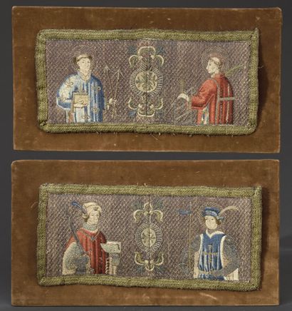 Two polychrome embroideries with silver and...