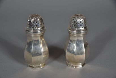 null A pair of Louis XIV-style silver saupoudroirs with baluster-shaped, pierced...