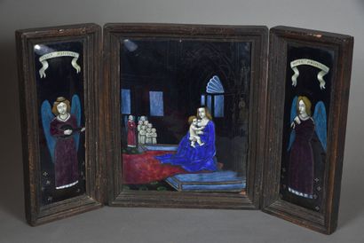 Polychrome enamel triptych depicting the...