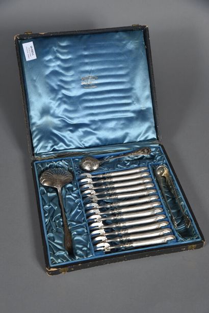 Box with 12 silver oyster forks and handles...