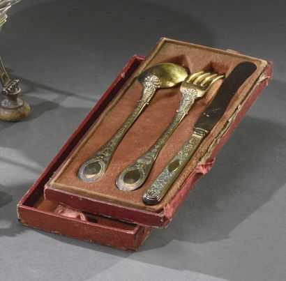 null A vermeil travel set decorated with leafy palmettes, horns of plenty and draped...