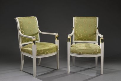 null Pair of "retour d'Égypte" armchairs in repainted beech, gilded, slightly tilted...