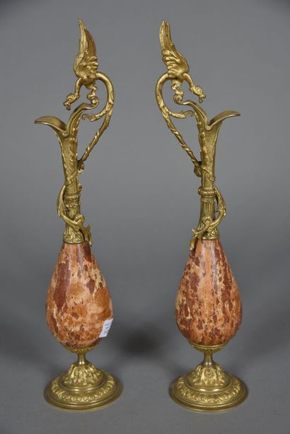 Pair of marble ewers with ormolu mounts featuring...