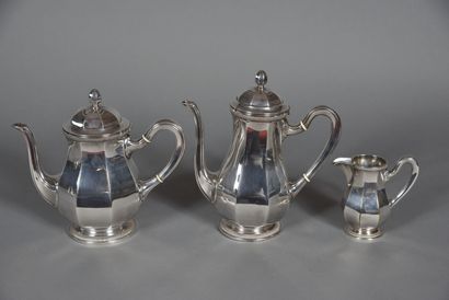null A silver-plated service set comprising a teapot, a coffee pot and a milk jug...