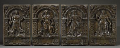 Four oak panels, carved in bas-relief with...