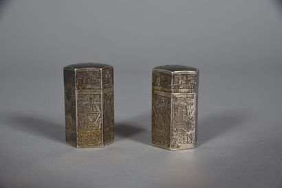 null RUSSIA. Pair of hexagonal silver salt cellars with engraved faces showing cities...