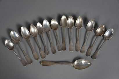 null Set of fourteen silver teaspoons, plain, filleted and foliate designs, some...
