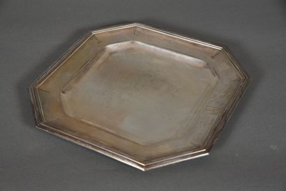 null Art Deco silver dish with folded sides and molded edges, monogrammed on the...