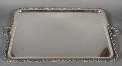 null Rare large rectangular serving dish in re-silvered metal, rounded corners, decorated...