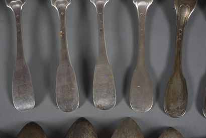 null Set of silver flatware, filets or uni-flat pattern, some figured, some embossed,...