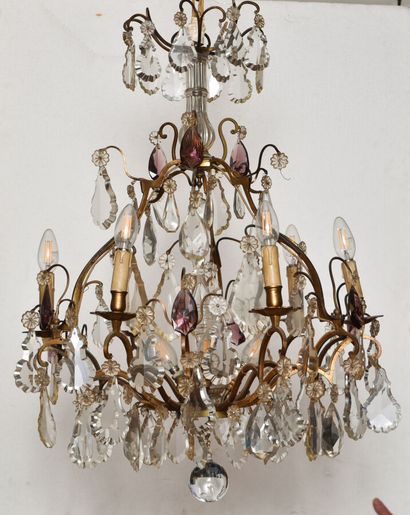 Six-light cage chandelier with faceted pendants....