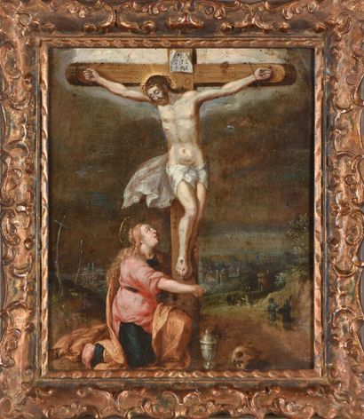 null ECOLE FLAMANDE du XVIIe siècle
Le Christ en croix avec Marie-Madeleine 
Huile...