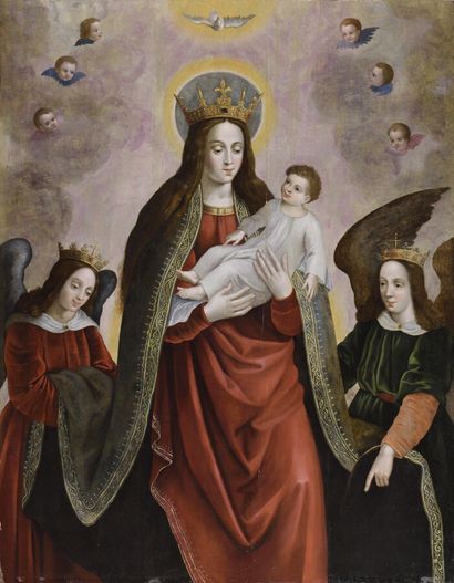 null ECOLE FLAMANDE du XVIIe siècle
La Vierge couronnée et l'Enfant Jésus, sous la...