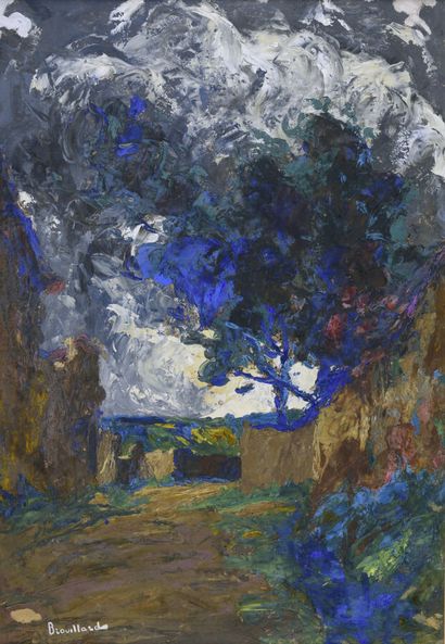 null Eugène BROUILLARD (1870-1950).
L'arbre bleu.
Huile sur carton.
Signé en bas...
