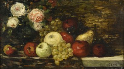 null 19th century Lyon school. 
Flowers and fruit on an entablature.
Oil on canvas.
Bears...